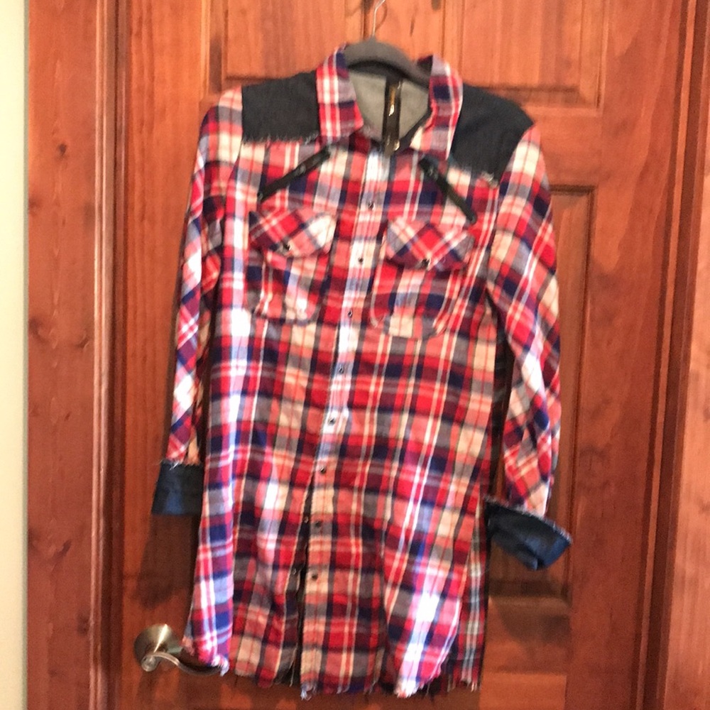 Renee C. Red Plaid Shirt Dress with Dark Accent